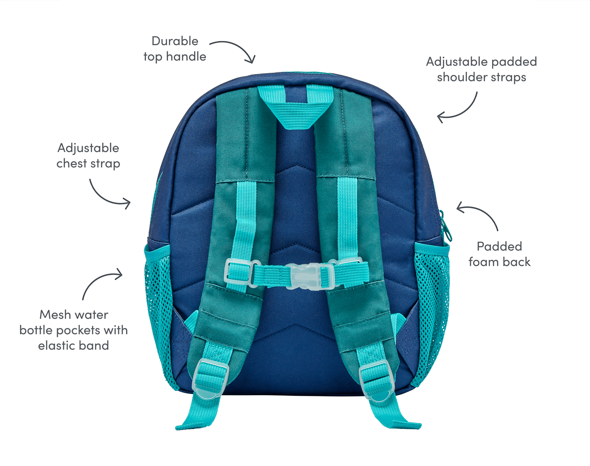 Back view and features of Ten Little Recycled Backpack 12 Inch - Navy & Green. Available at www.tenlittle.com