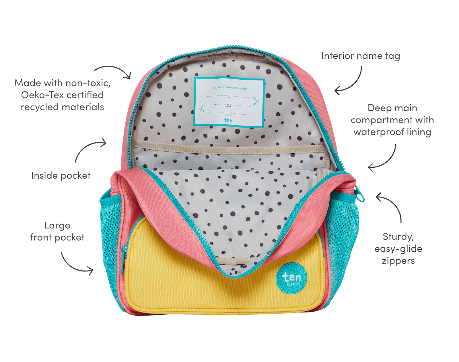 Interior and features of Ten Little Recycled Backpack 12 Inch - Pink & Yellow. Available at www.tenlittle.com