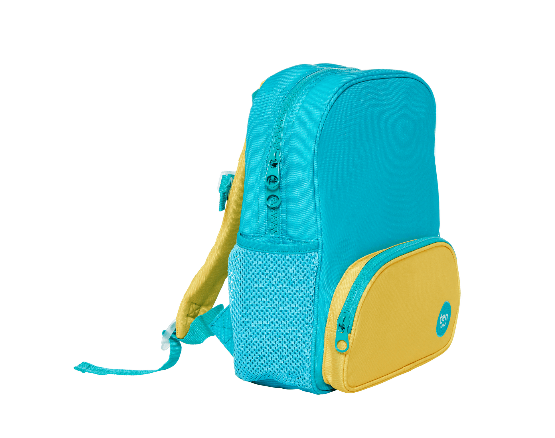 Side view of Ten Little Recycled Backpack 12 Inch - Teal & Yellow. Available at www.tenlittle.com