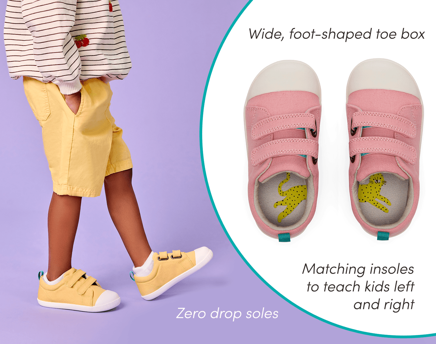Split view of zero drop soles, matching insoles to teach kids left and right, and wide, foot-shaped toe box of Ten Little Eco Canvas Sneakers - Mellow Yellow, Piggy Pink. Available at www.tenlittle.com