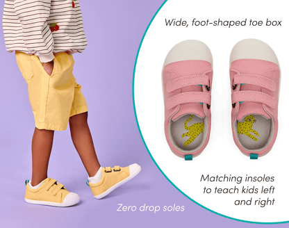 Split view of zero drop soles, matching insoles to teach kids left and right, and wide, foot-shaped toe box of Ten Little Eco Canvas Sneakers - Mellow Yellow, Piggy Pink. Available at www.tenlittle.com