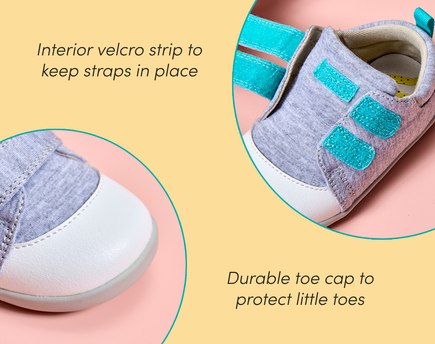 Split view of interior velcro strip to keep straps in place and durable toe cap of Ten Little First Walkers - Heather Gray. Available at www.tenlittle.com