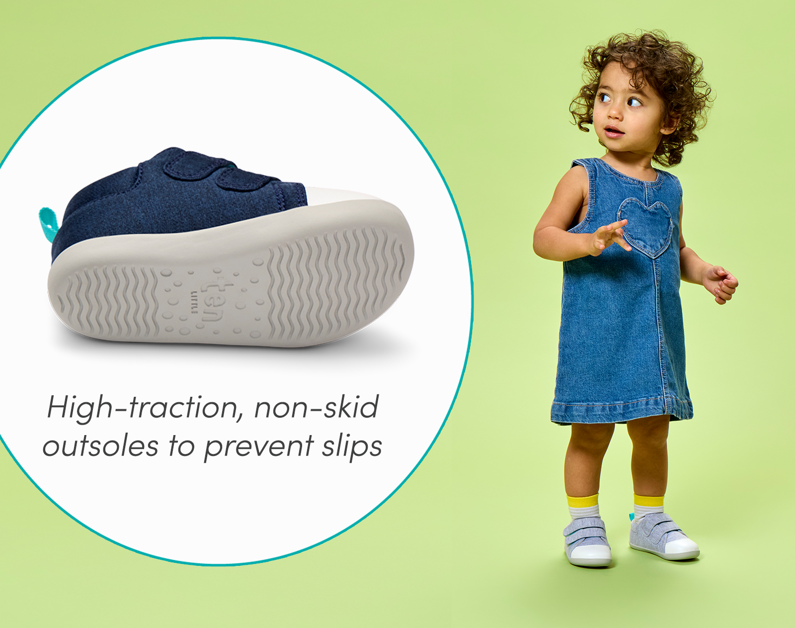 Split view of child wearing Ten Little First Walkers and high-traction, non-skid outsoles - Navy Blue and Heather Gray. Available at www.tenlittle.com