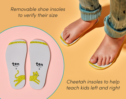 Removable shoe insoles to verify size and help teach kids left and right - Ten Little First Walkers. Available at www.tenlittle.com