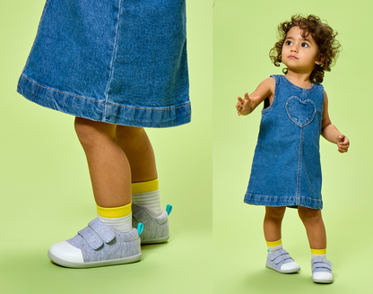 Split view of child wearing Ten Little First Walkers - Heather Gray. Available at www.tenlittle.com