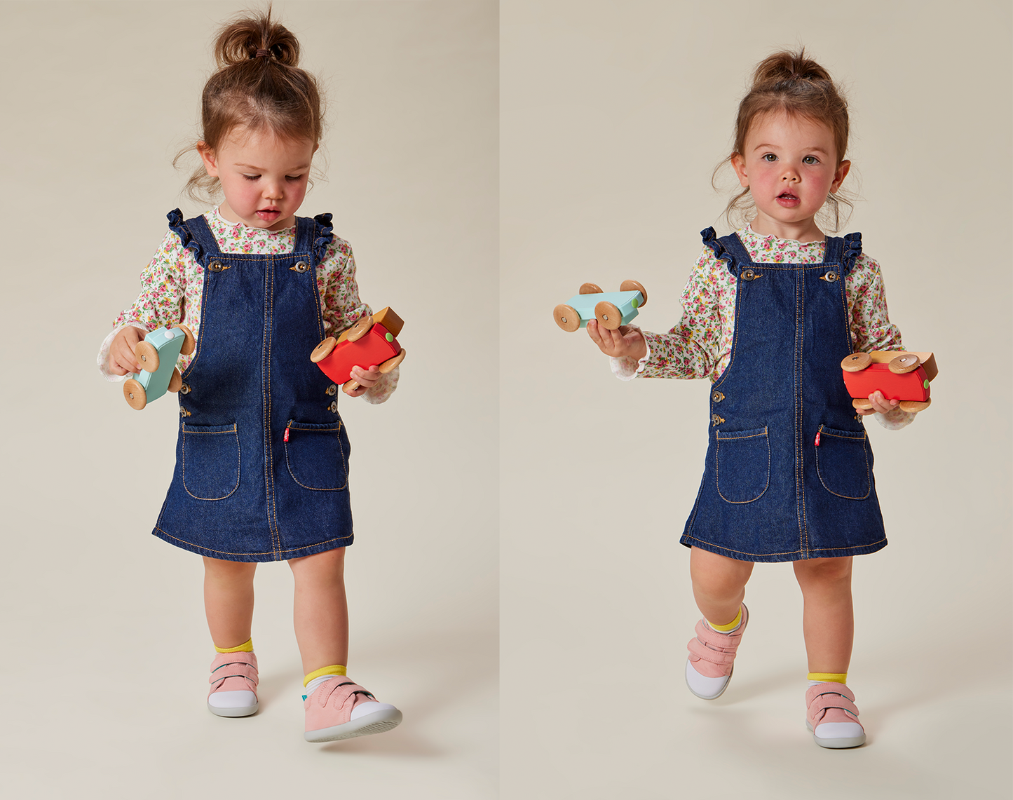 Split view of child playing with toys wearing Ten Little First Walkers - Soft Pink. Available at www.tenlittle.com