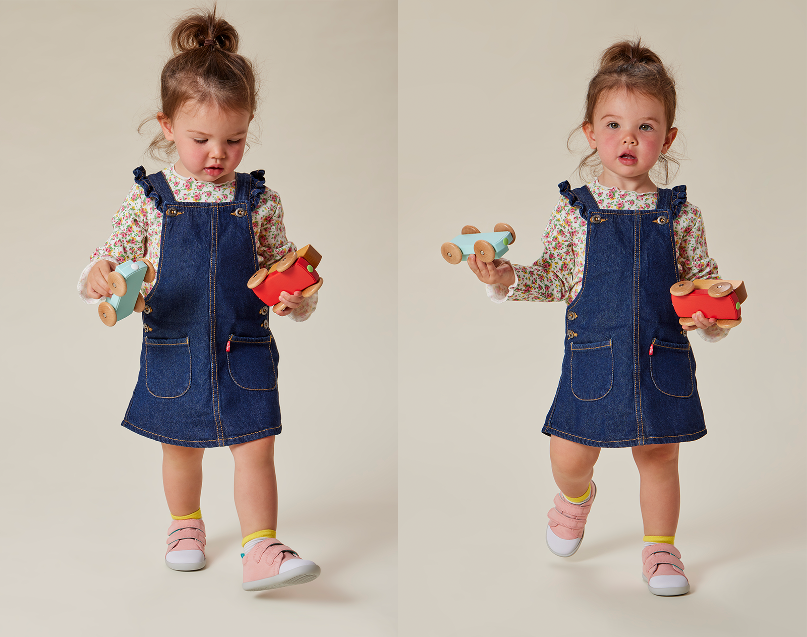 Split view of child playing with toys wearing Ten Little First Walkers - Soft Pink. Available at www.tenlittle.com