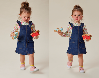 Split view of child playing with toys wearing Ten Little First Walkers - Soft Pink. Available at www.tenlittle.com