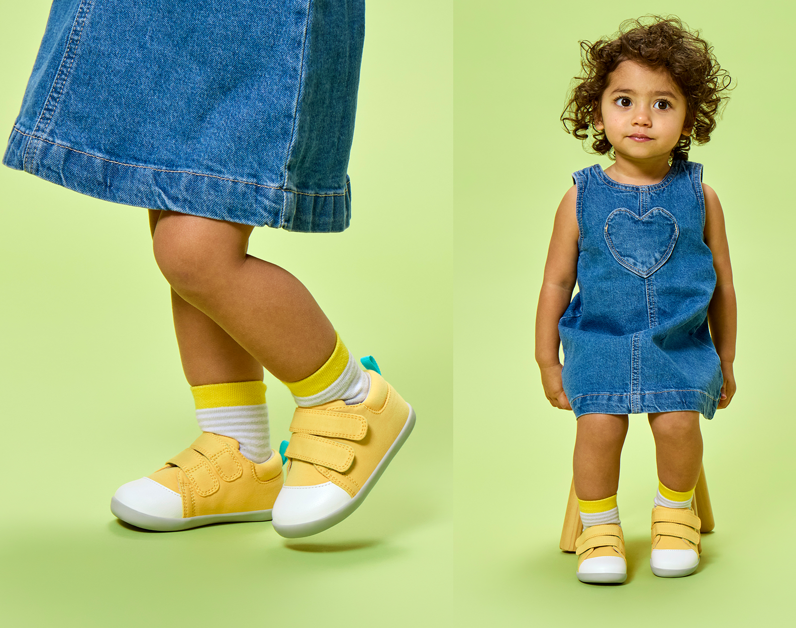 Split view of child wearing Ten Little First Walkers - Soft Yellow. Available at www.tenlittle.com