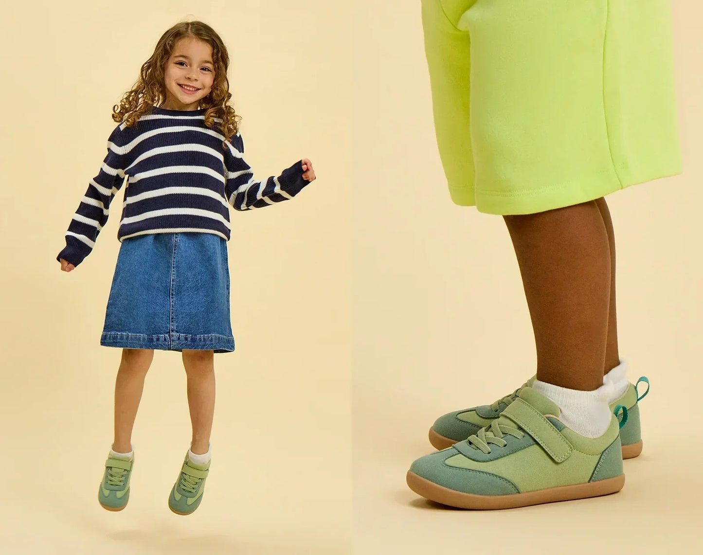 Split view of children wearing Ten Little Retro Suede Sneakers - Retro Green. Available at www.tenlittle.com