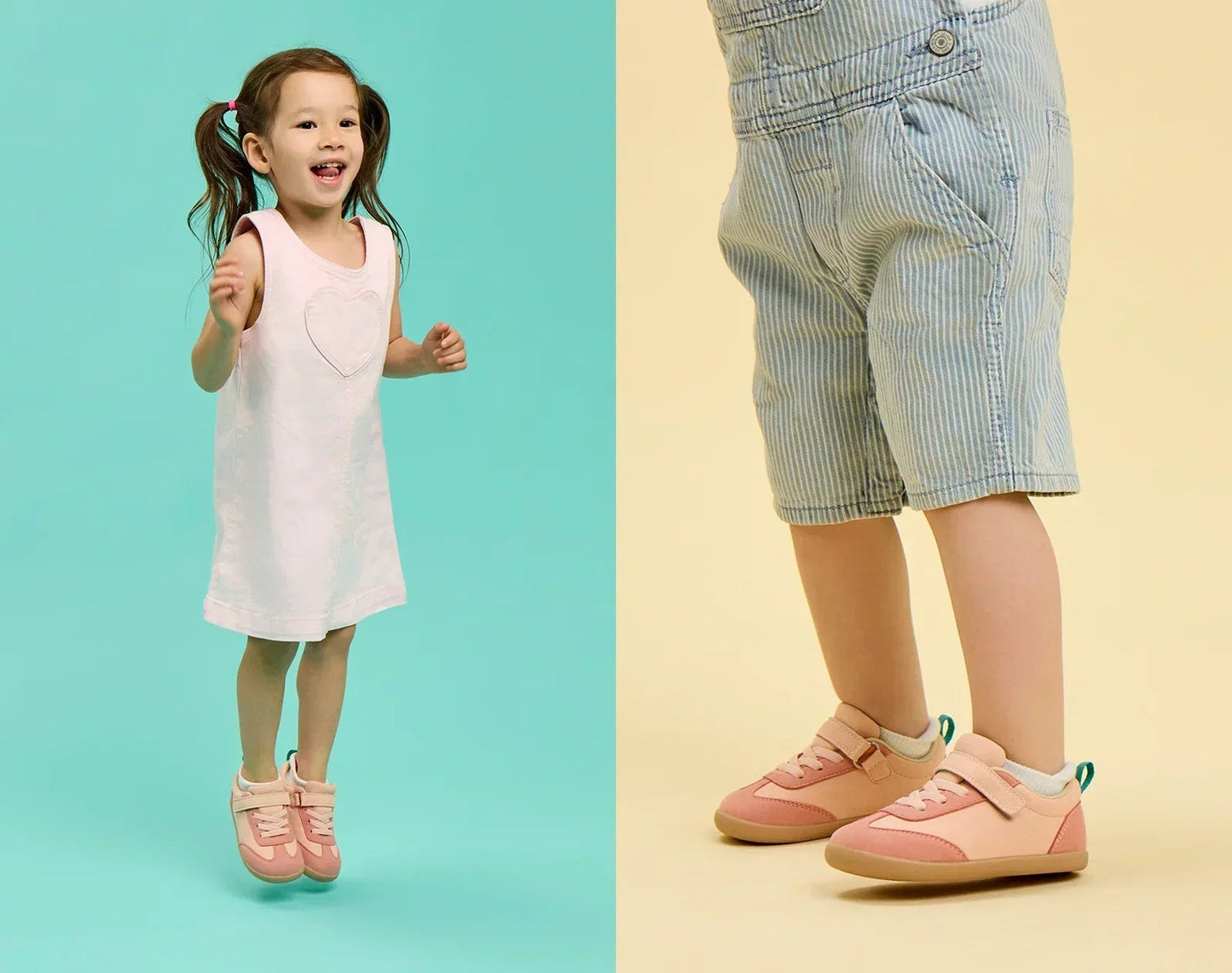 Split view of children wearing Ten Little Retro Suede Sneakers - Retro Pink. Available at www.tenlittle.com