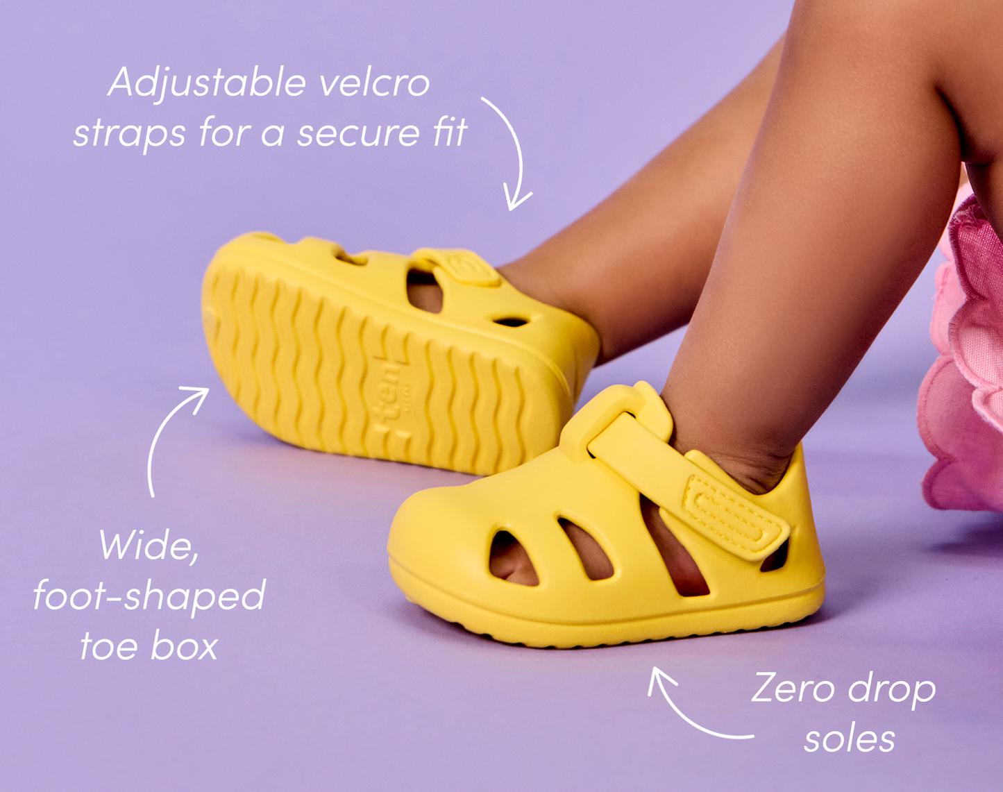 Adjustable velcro straps, wide-foot shaped toe box, and zero drop soles of Ten Little Splash Sandals - Daisy Yellow. Available at www.tenlittle.com