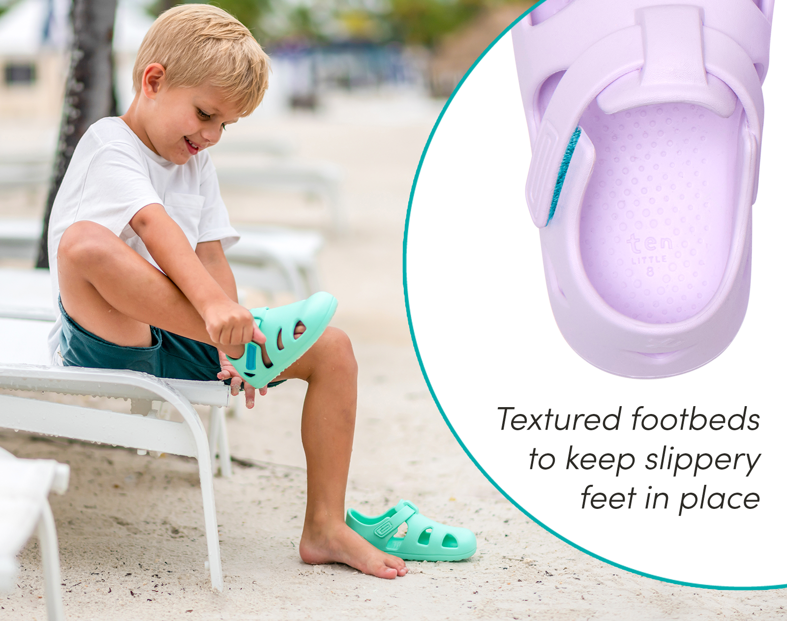 Split view of textured footbed and child putting on Ten Little Splash Sandals - Aqua Mint and Lavender Purple. Available at www.tenlittle.com
