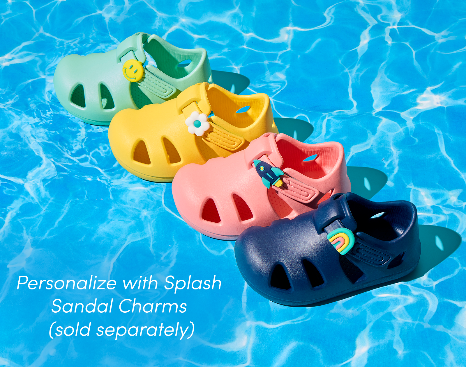 Ten Little Splash Sandal Charms (sold separately) on Splash Sandal straps - Assorted Colors. Available at www.tenlittle.com
