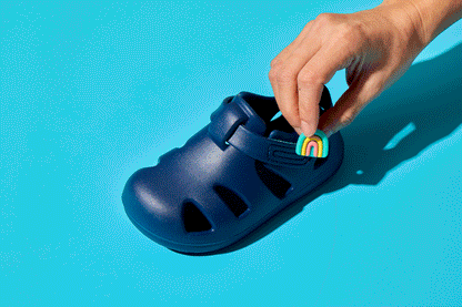 GIF putting on and taking off Ten Little Splash Sandal 2 Charms - Rainbow. Available at www.tenlittle.com