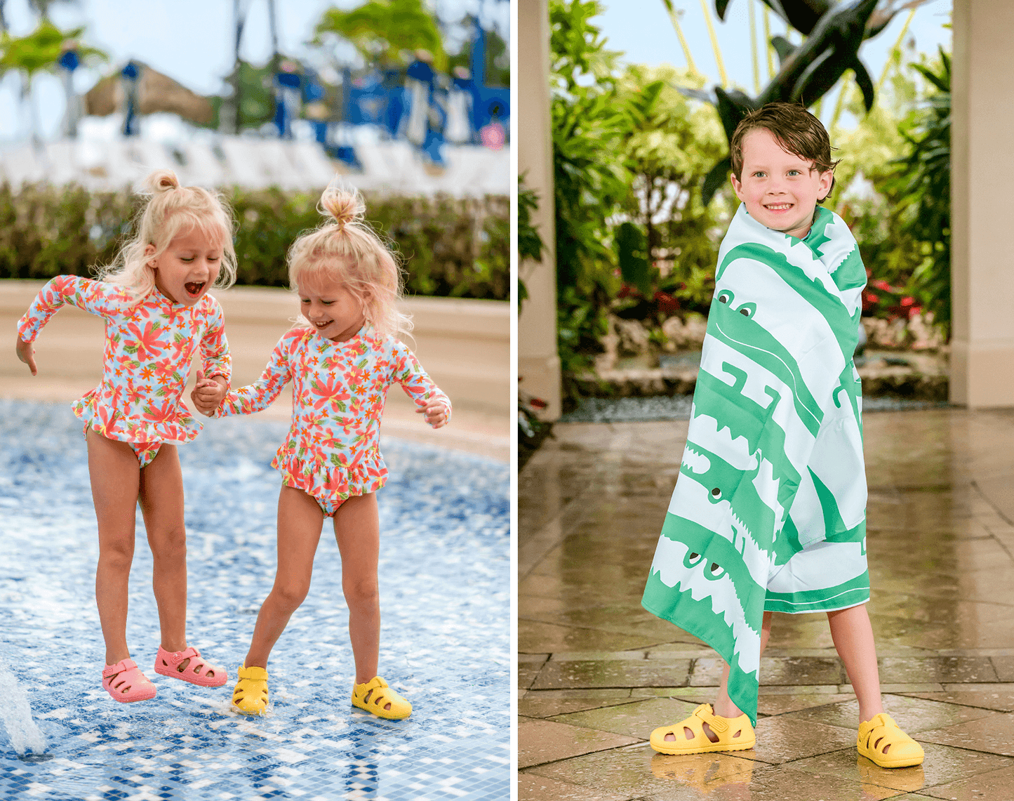 Split view of children wearing Ten Little Splash Sandals - Pink Lemonade and Daisy Yellow. Available at www.tenlittle.com
