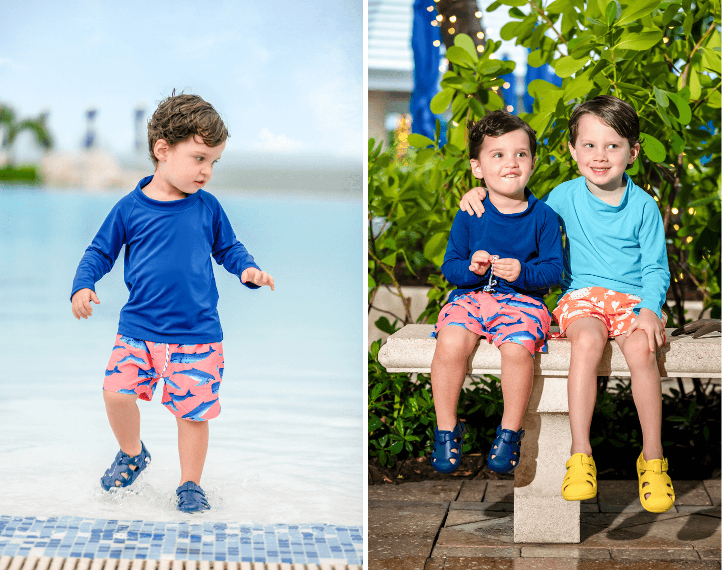 Split view of children wearing Ten Little Splash Sandals - Nautical Navy and Daisy Yellow. Available at www.tenlittle.com
