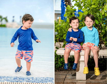 Split view of children wearing Ten Little Splash Sandals - Nautical Navy and Daisy Yellow. Available at www.tenlittle.com