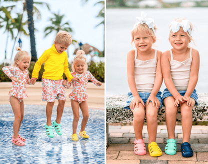Split view of children wearing Ten Little Splash Sandals - Assorted Colors. Available at www.tenlittle.com