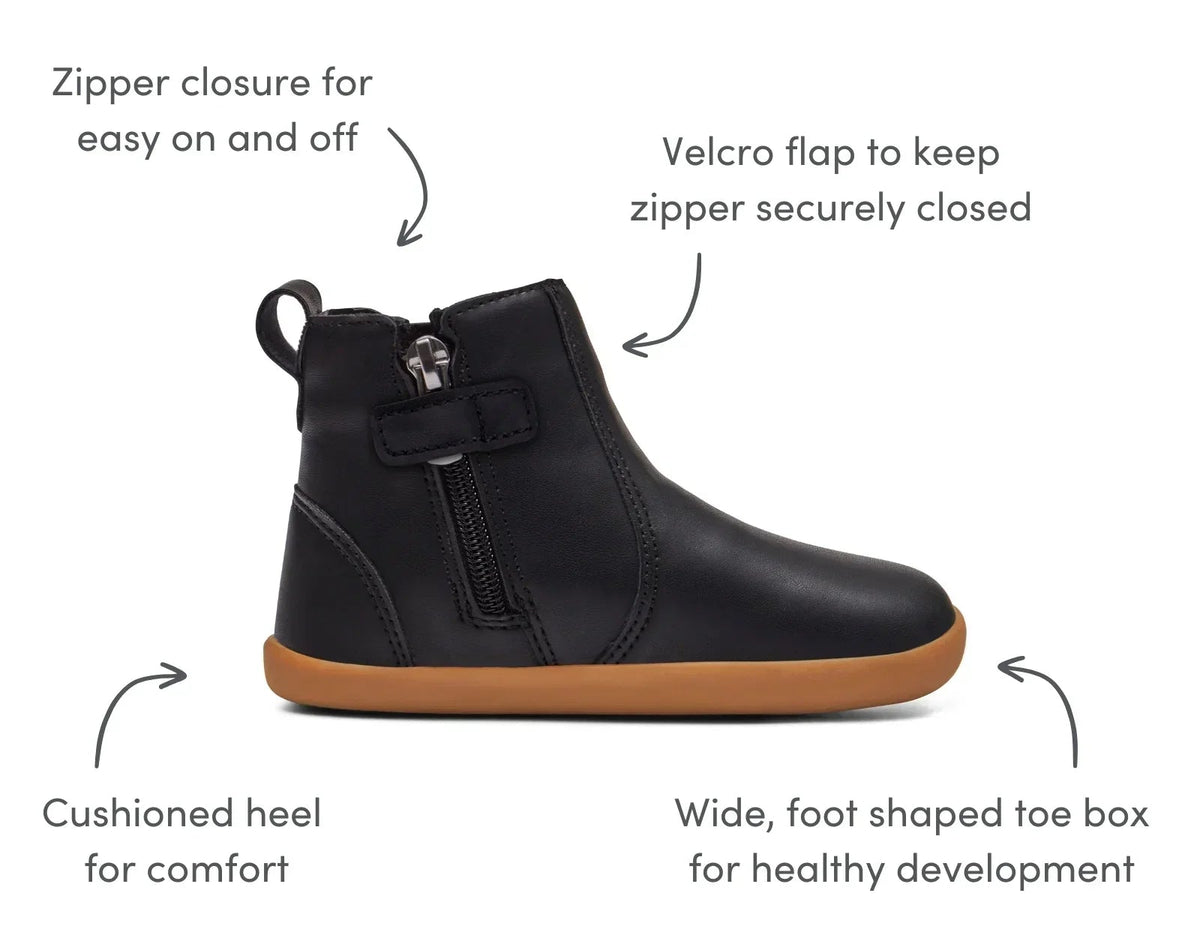 Ten Little Chelsea Boots featuring a zipper closure for easy on and off, velcro flap to keep zipper securely closed, cushioned heel for comfort, and a wide, foot shaped toe box for healthy development - Classic Black. Available at www.tenlittle.com