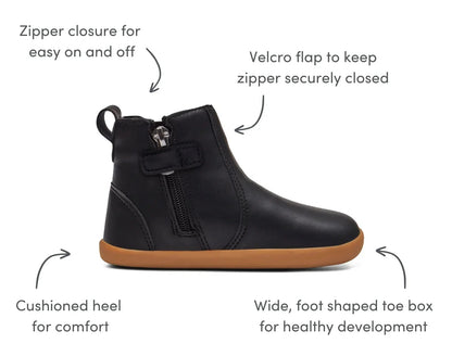 Ten Little Chelsea Boots featuring a zipper closure for easy on and off, velcro flap to keep zipper securely closed, cushioned heel for comfort, and a wide, foot shaped toe box for healthy development - Classic Black. Available at www.tenlittle.com