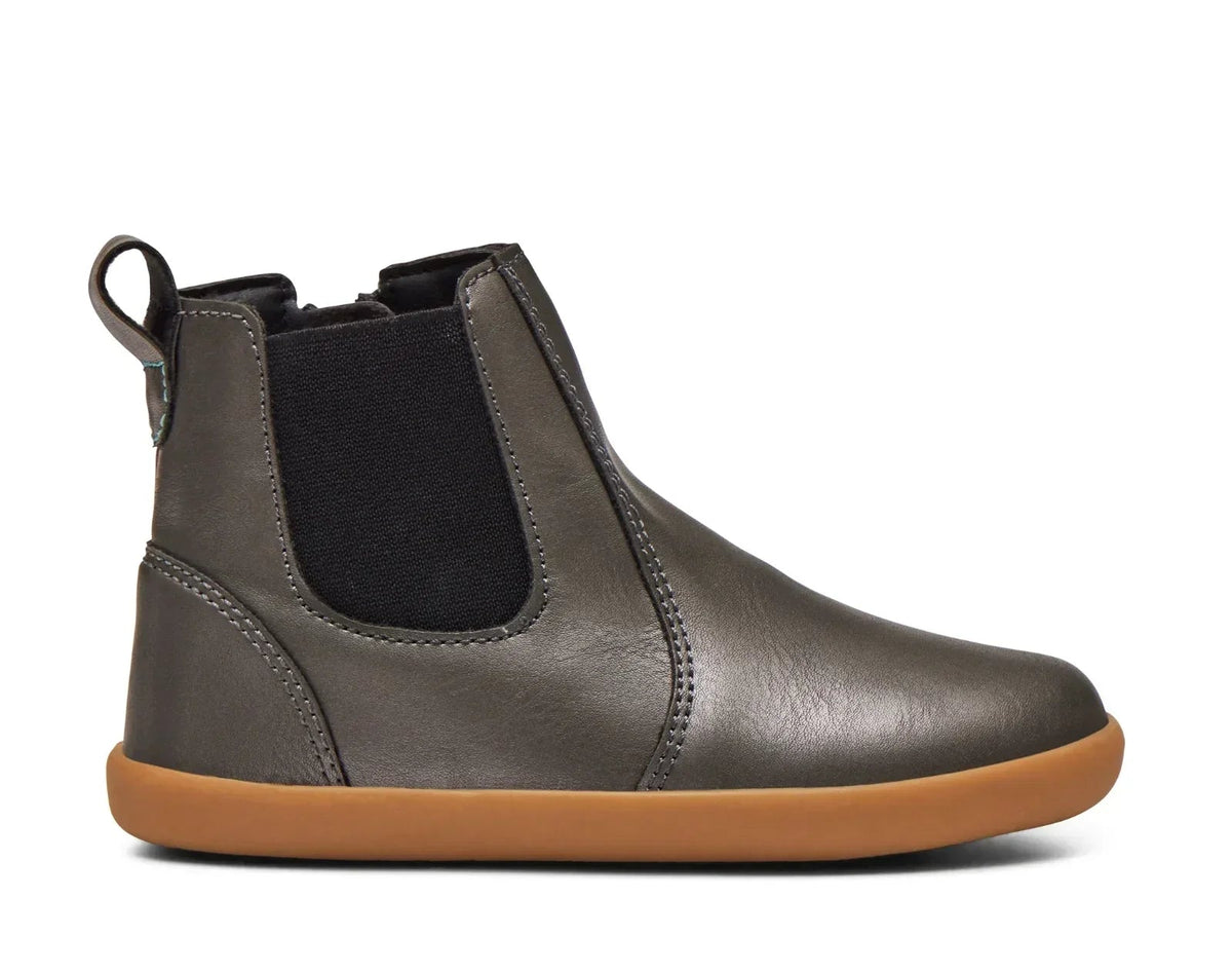 Side view of Ten Little Chelsea Boots - Metallic Gray. Available at www.tenlittle.com