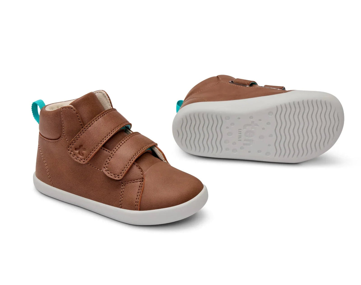 Front, side, and bottom outsole traction view of Ten Little Everyday High Tops - Mocha Brown. Available at www.tenlittle.com