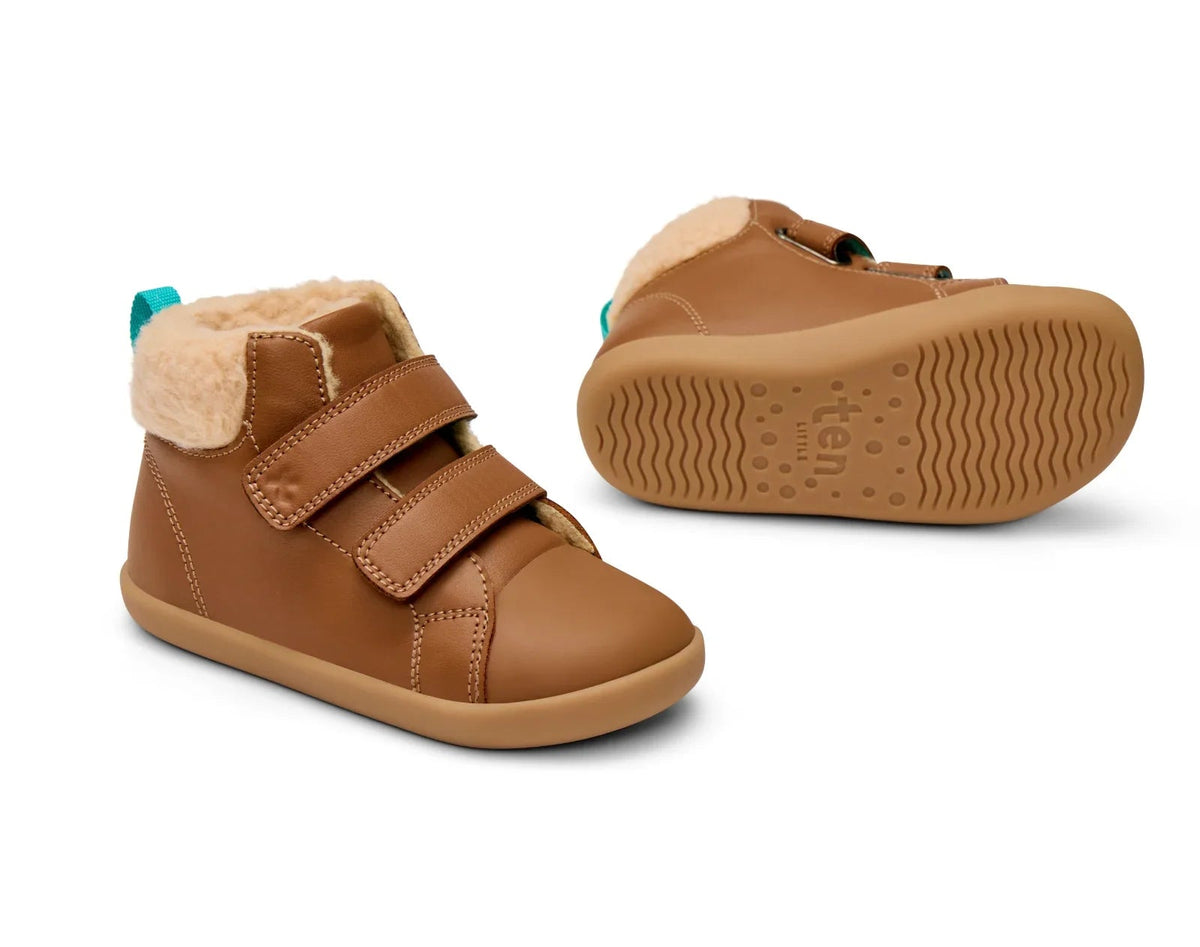 Front, side, and bottom outsole traction view of Ten Little Furry High Tops - Chestnut Brown. Available at www.tenlittle.com