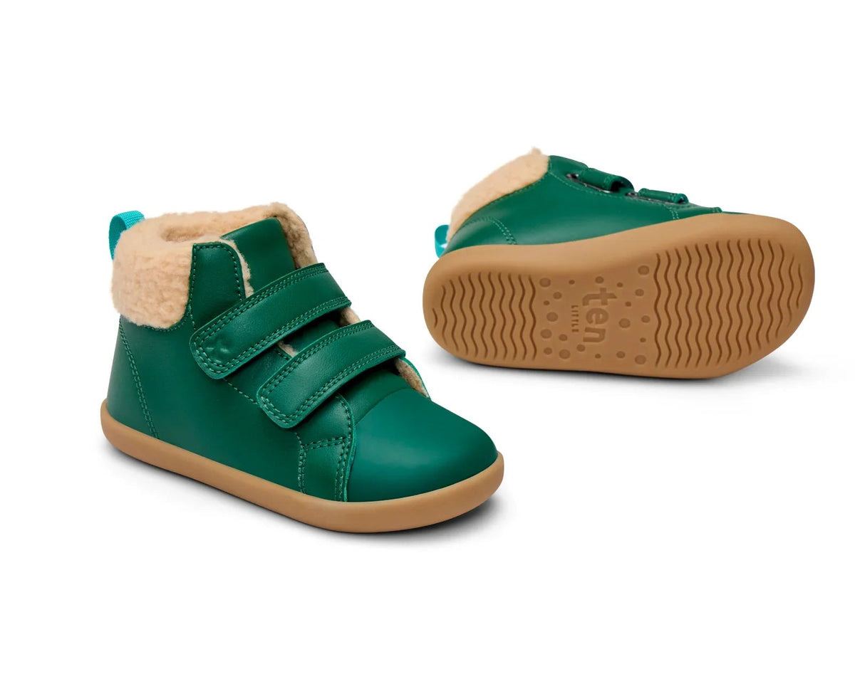 Front, side, and bottom outsole traction view of Ten Little Furry High Tops - Emerald Green. Available at www.tenlittle.com