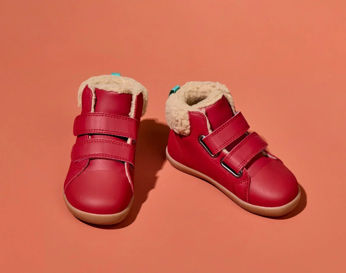 Side and top view of Ten Little Furry High Tops - Lava Red. Available at www.tenlittle.com