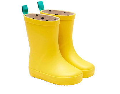 Angled side view of Ten Little Rain Boots - Yellow. Available at www.tenlittle.com