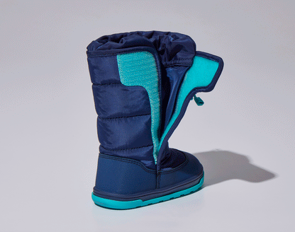 GIF of velcro closure and adjustable toggle on Ten Little Snow Boots - Navy Blue. Available at www.tenlittle.com