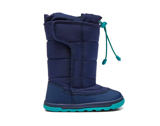 Side view of Ten Little Snow Boots with velcro closure - Navy Blue. Available at www.tenlittle.com