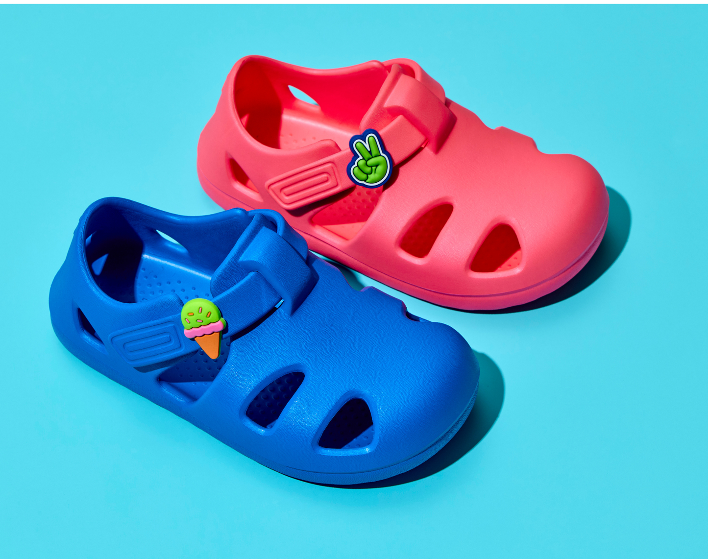 Ten Little Bright Pink and Bright Blue Splash Sandals with Splash Sandal Charms on - Ice Cream and Peace. Available at www.tenlittle.com