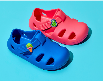 Ten Little Bright Pink and Bright Blue Splash Sandals with Splash Sandal Charms on - Ice Cream and Peace. Available at www.tenlittle.com
