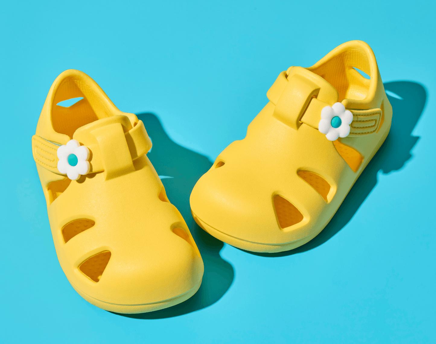 Ten Little Daisy Yellow Splash Sandals with Splash Sandal Charms 2 on - Daisy. Available at www.tenlittle.com