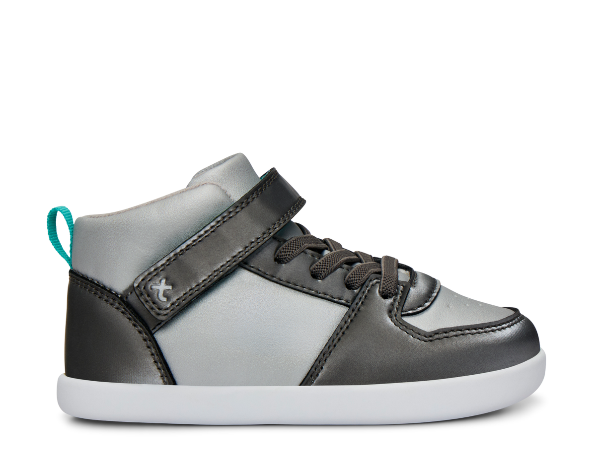 Side view of Ten Little Varsity Mid Tops - Champion Silver. Available at www.tenlittle.com