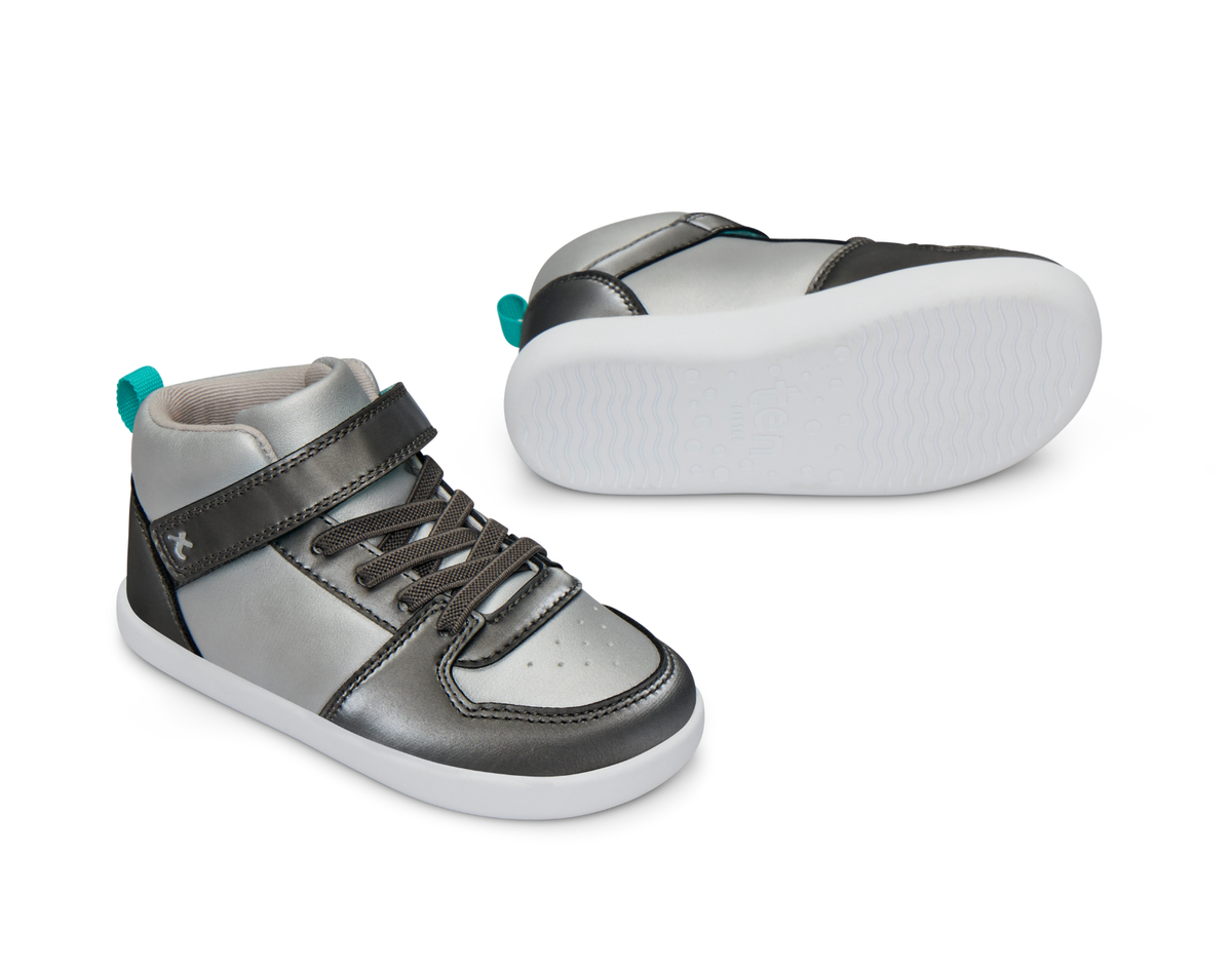 Side, front, and bottom outsole view of Ten Little Varsity Mid Tops - Champion Silver. Available at www.tenlittle.com