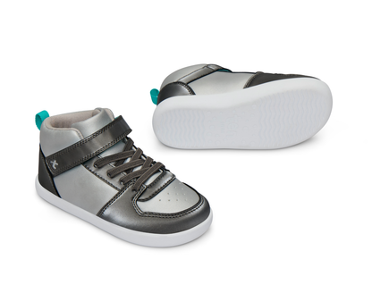 Side, front, and bottom outsole view of Ten Little Varsity Mid Tops - Champion Silver. Available at www.tenlittle.com